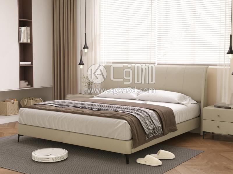 CG咖-blender-卧室双人床拖鞋地毯扫地机器人柜子床头柜