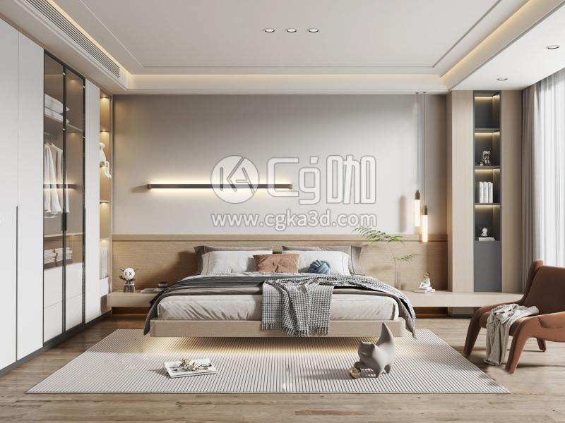 CG咖-blender-卧室双人床拖鞋地毯扫地机器人柜子床头柜椅子