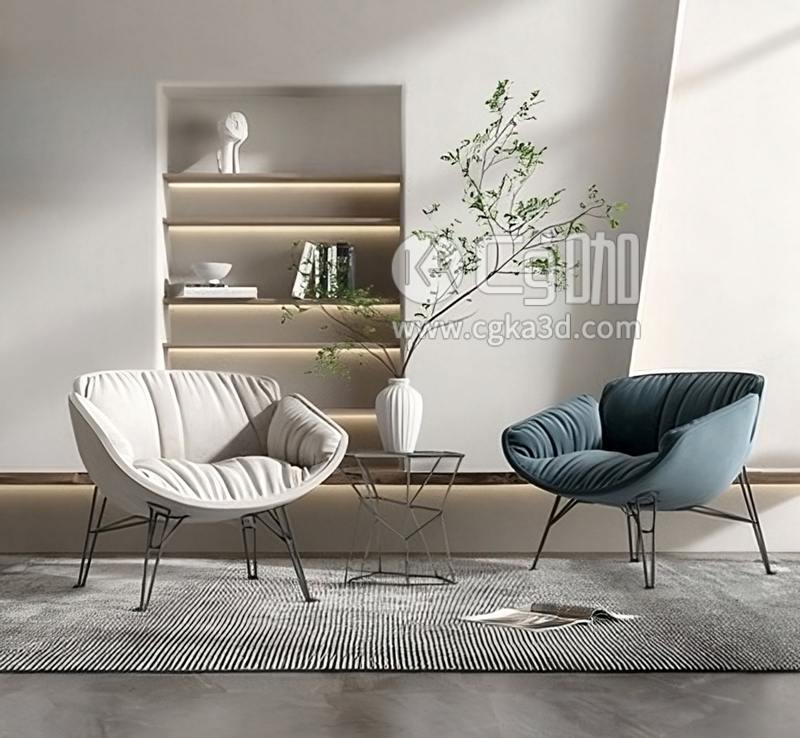 CG咖-blender-休闲椅单人椅沙发椅花瓶书本地毯