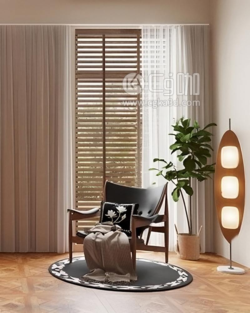 CG咖-blender-休闲椅单人椅沙发椅窗帘绿植