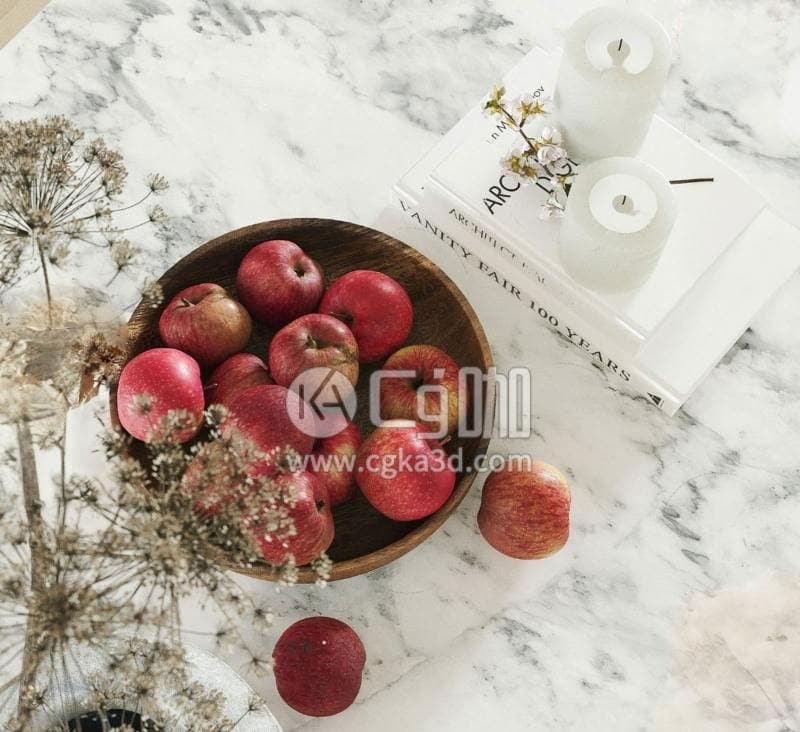 CG咖-blender-食物水果苹果书本蜡烛干花