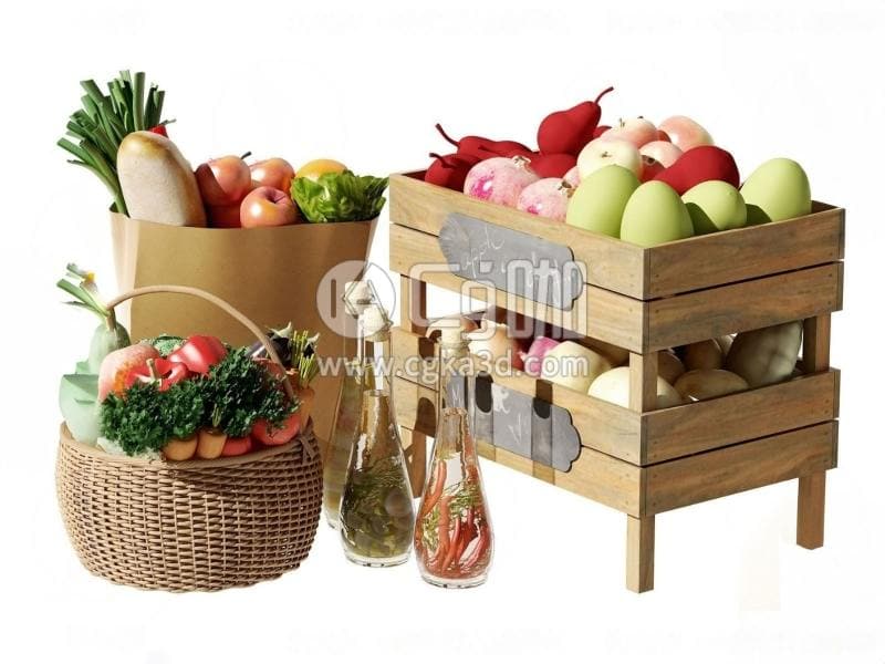 CG咖-blender-食物水果蔬菜胡萝卜苹果梨子竹篓木箱