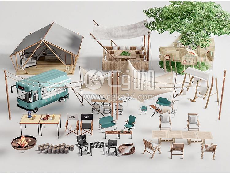 CG咖-blender-户外帐篷模型折叠椅折叠桌模型
